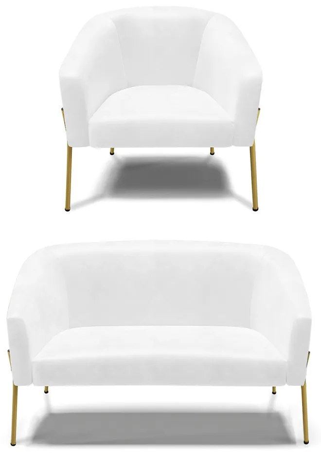 Sofá Namoradeira e Poltrona Pé de Ferro Dourado Stella Sintético PU Branco D03 - D'Rossi