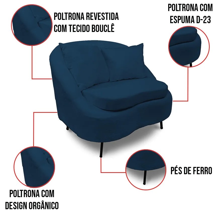 Poltrona Decorativa Orgânica Pé Ferro Pto Zaya Bouclê C05 - D'Rossi - Azul