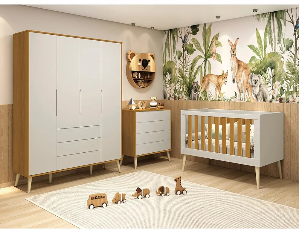 Kit Quarto Infantil com Pés Retrô Natural - Cômoda Elfe 4 Gavetas + Guarda-Roupa Elfe + Berço Mini Cama Noah - Areia Fosco e Savana