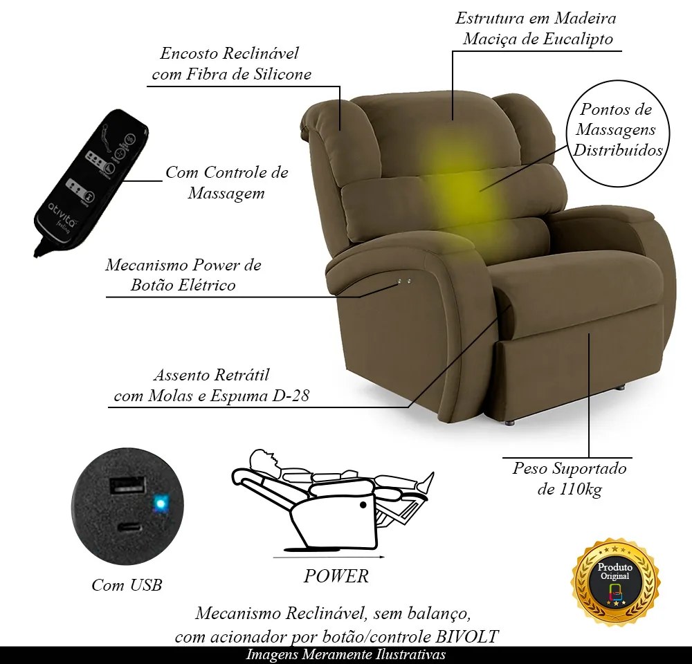 Poltrona do Papai Sala de Cinema Reclinável Kylie Power Touch Massagem USB Veludo Capuccino G23