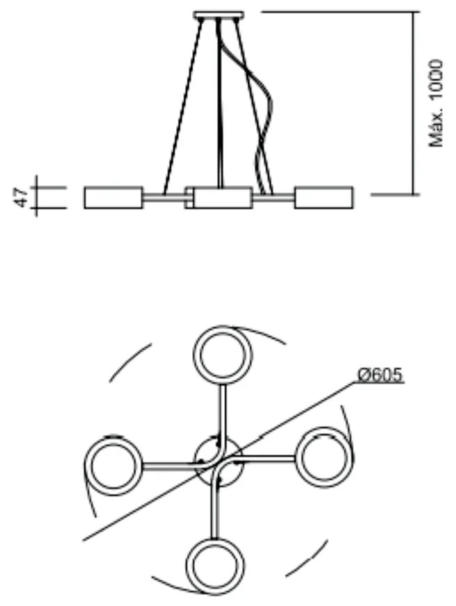 Pendente Spinner Ø60,5Cm 4Xpci Led 5W | Usina 16580/4 (PT / CB-M - Preto Text + Cobre Metálico, 110V)