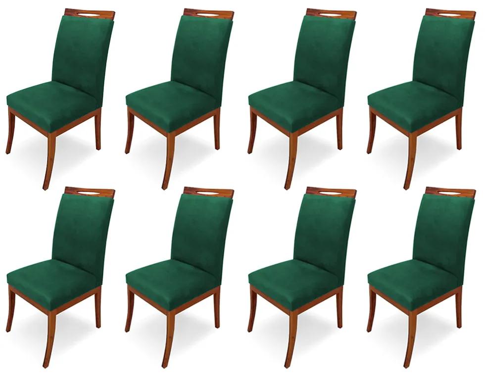Kit 8 Cadeiras De Jantar Louis Estofada Base Madeira Peroba Suede Verde Bandeira
