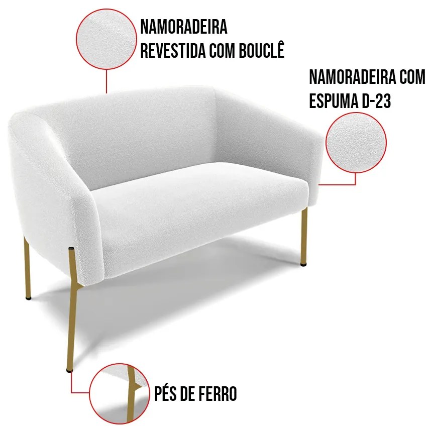 Namoradeira e 2 Poltronas Pé Ferro Dourado Stella Bouclê Off Wte D03 - D'Rossi