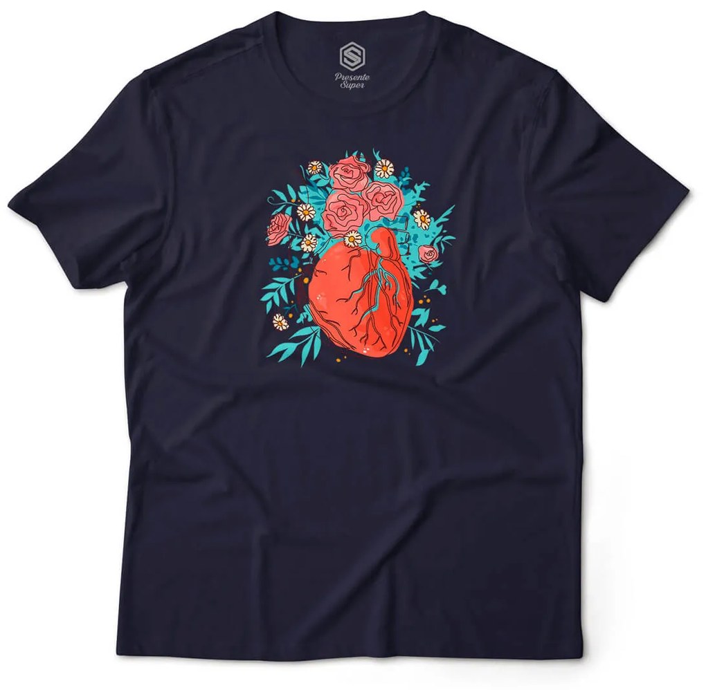 Camiseta Unissex Coração Florido de Amor - Azul Marinho - G