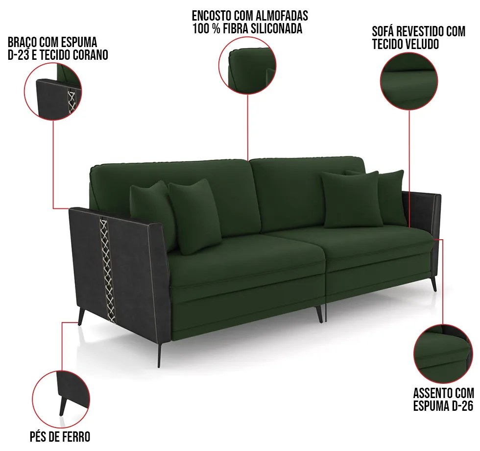 Sofá 2 Lugares Living 182cm Mondaí Sintético Preto/Veludo K01 - D'Rossi - Verde