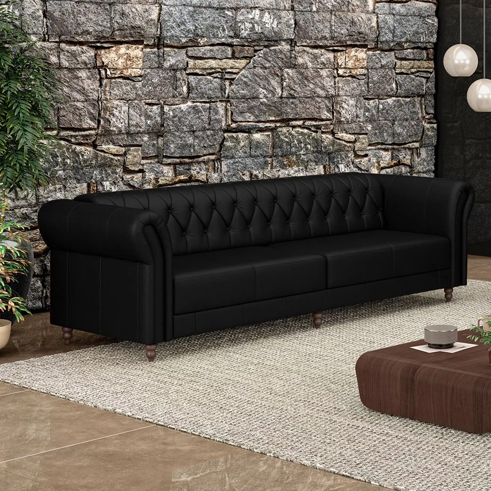 Sofá Living Sala de Estar Stanford Chesterfield 3 Lugares 260cm Pés de Madeira Couro Preto Brilho G58 - Gran Belo