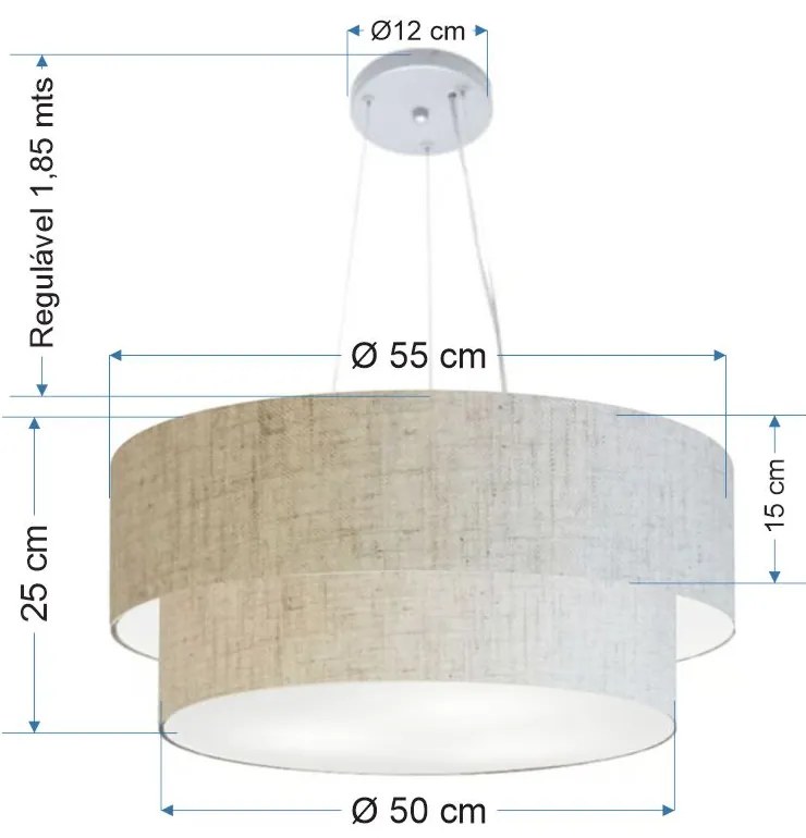 Lustre Pendente Duplo Cilíndrico Vivare Md-4370 Cúpula em Tecido 55x50cm - Bivolt - Rustico-Bege - 110V/220V