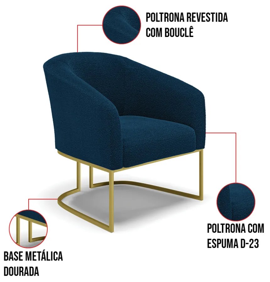 Sofá Namoradeira e Poltrona Industrial Dourado Stella Bouclê Azul D03 - D'Rossi