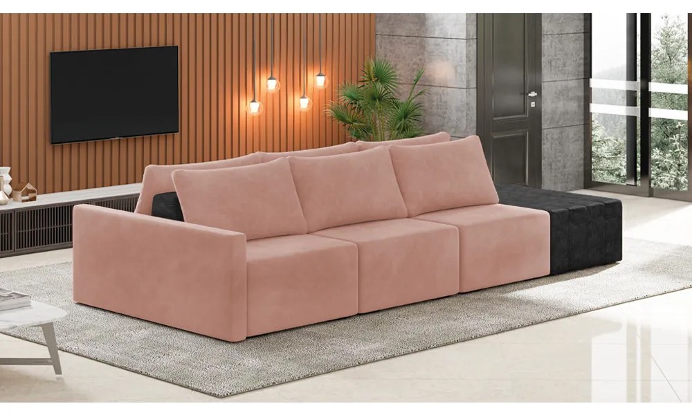 Sofá Ilha 3 Lugares Living 342cm Modulado Sala Lary Veludo/PU Pto K01 - D'Rossi - Rose