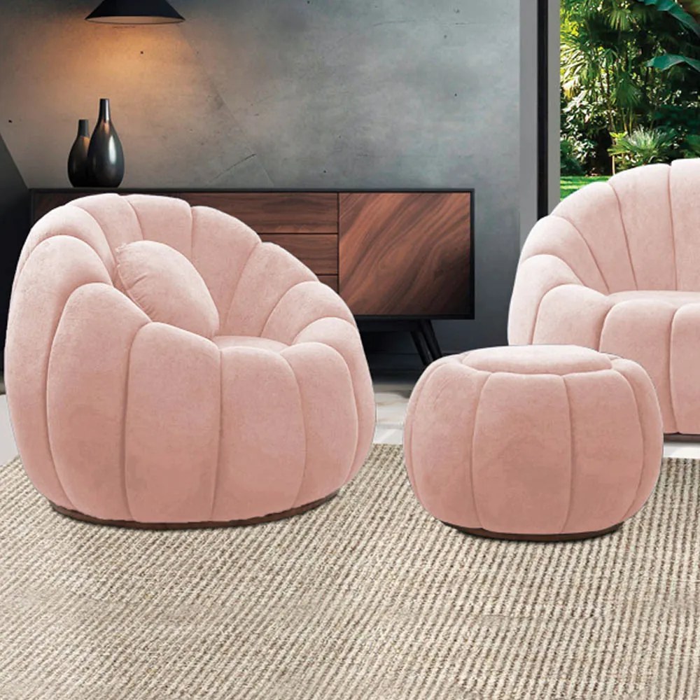 Poltrona Decorativa Orgânica Giratória com Puff Cloud Bouclê E03 - D'Rossi - Rose