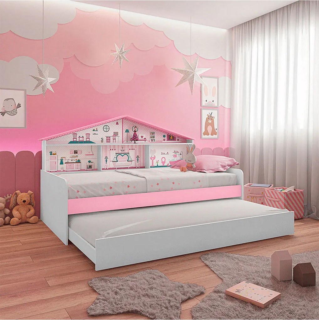 Cama Infantil Casa De Boneca Com Cama Auxiliar E Luz/Led Pura Magia