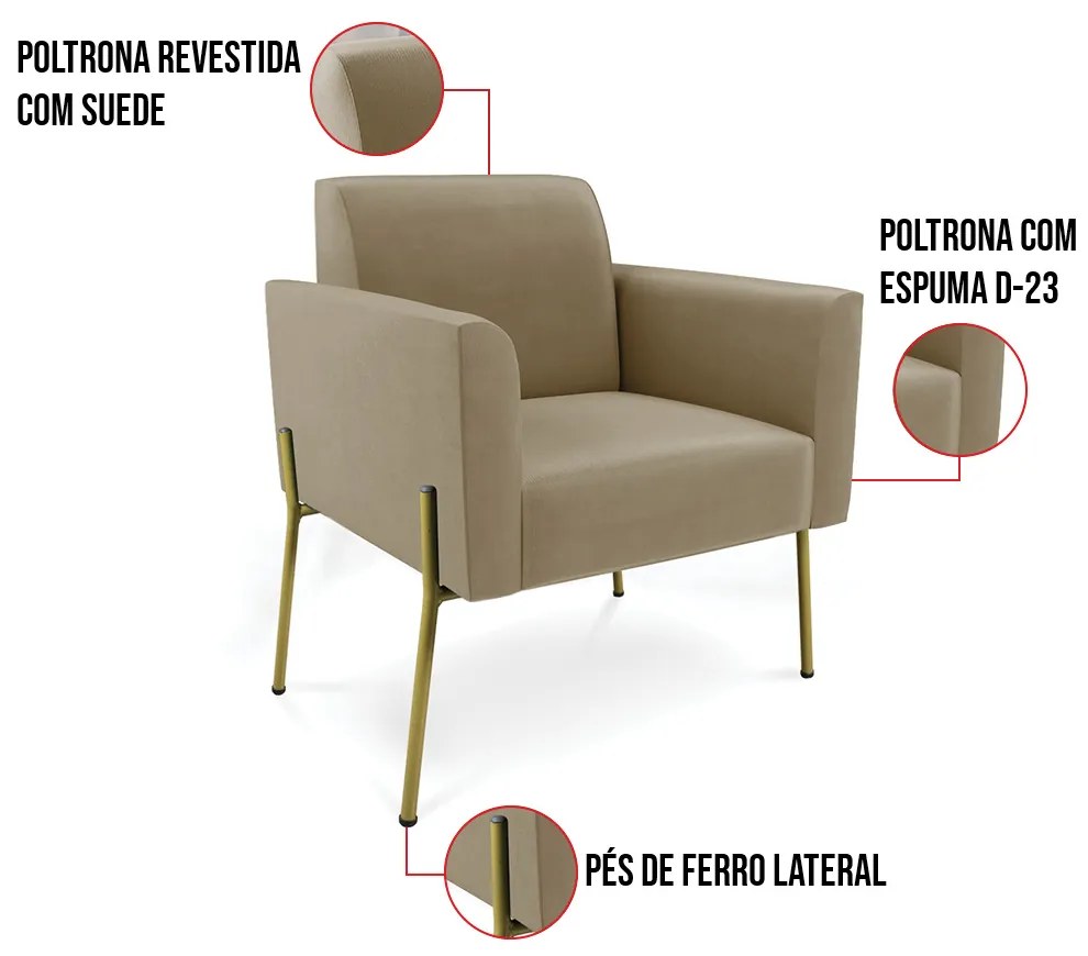 Poltrona Pé de Ferro Dourado Decorativa Kit 2 Marisa Suede D03 - D'Rossi - Marrom Rato