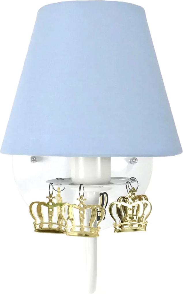 Arandela 1 Lâmpada Azul com Coroas Douradas Quarto Bebê Infantil Menino