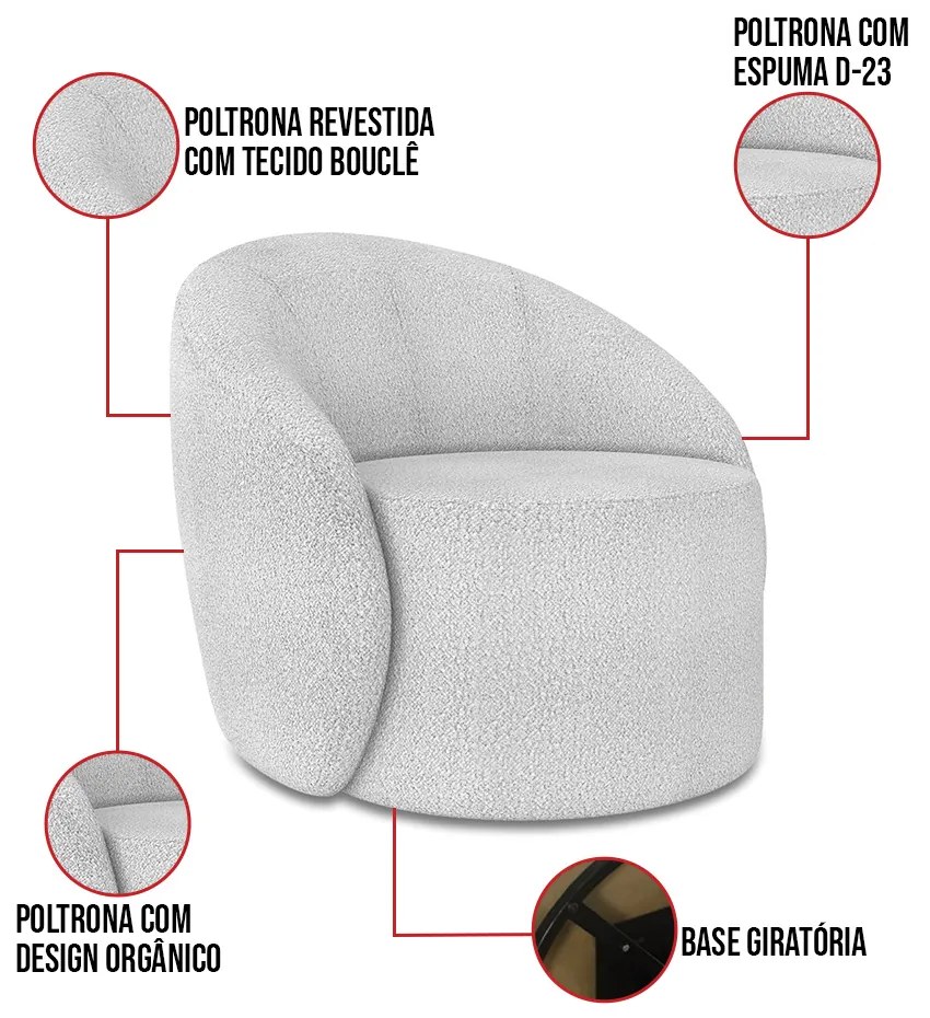 Poltrona Decorativa Orgânica Giratória Lua Bouclê Cinza D03 - D'Rossi