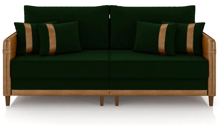 Sofá Living Montecarlo 3 Lugares Bipartido 252cm Pés em Madeira Veludo/PU Verde/Caramelo G33 - Gran Belo