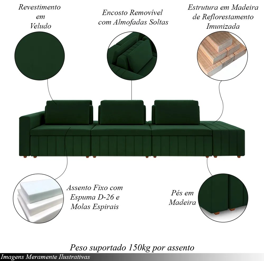 Sofá Ilha com Encosto e Almofadas Móveis Olimpo 335cm Modulado Veludo Verde G45 - Gran Belo