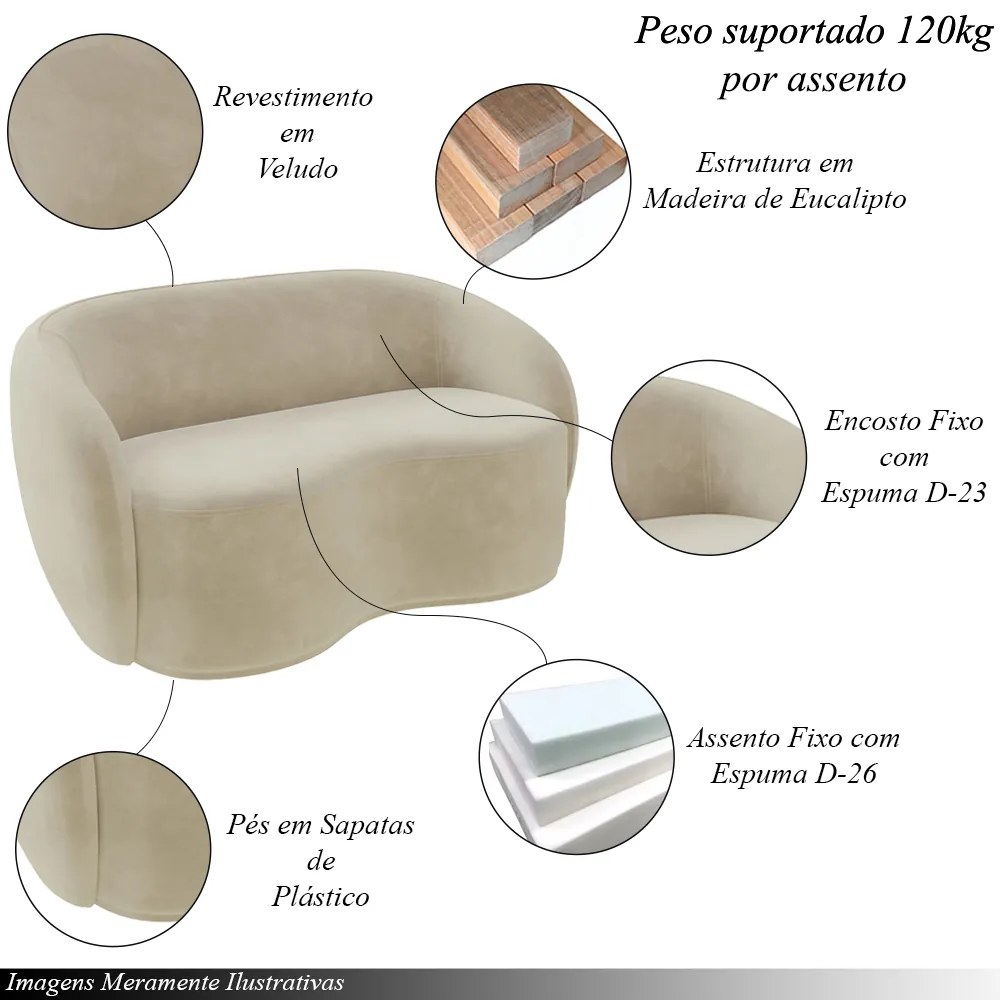 Sofá Living Decorativo 160cm 2 Lugares Íbis Encosto Fixo Veludo Bege G33 - Gran Belo