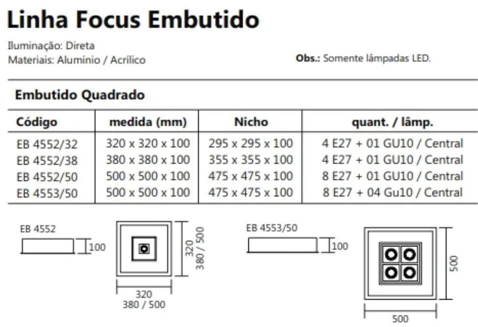 Luminária De Embutir Focus Quadrado C/ Aba 4Xe27 + 1Xmr16 32X32X10Cm |... (FN-F - Fendi Fosco)
