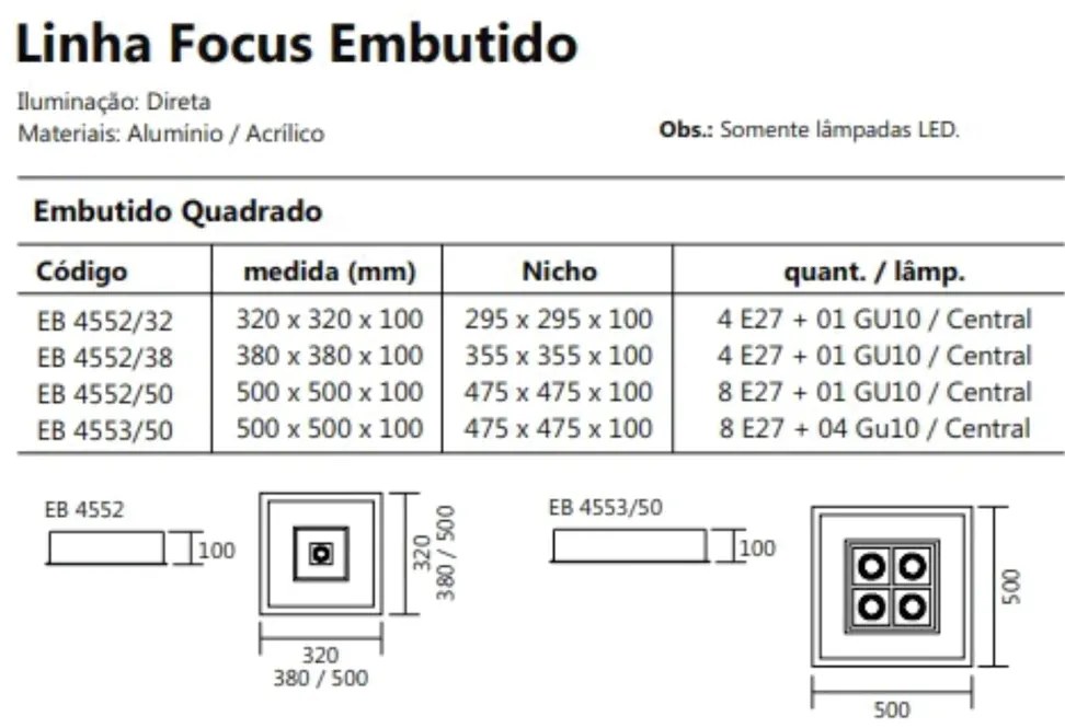 Luminária De Embutir Focus Quadrado C/ Aba 4Xe27 + 1Xmr16 32X32X10Cm |... (GF-M Grafite Metálico)