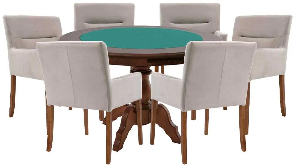 Mesa de Jogos Carteado Redonda Montreal Tampo Reversível Imbuia com 6 Cadeiras Vicenza Nude G36 G15 - Gran Belo