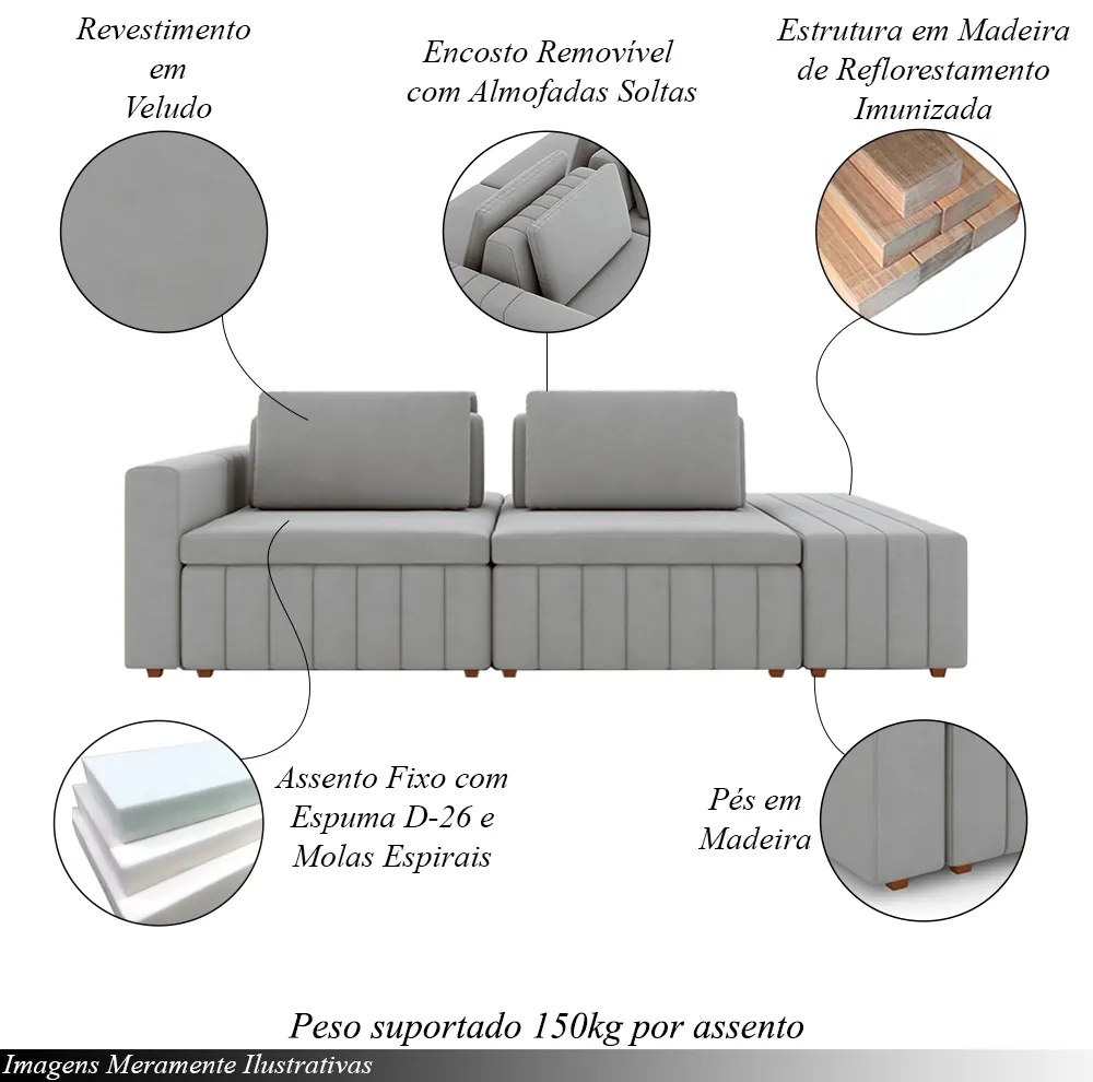 Sofá Ilha com Encosto e Almofadas Móveis Olimpo 265cm Modulado Veludo Cinza G45 - Gran Belo