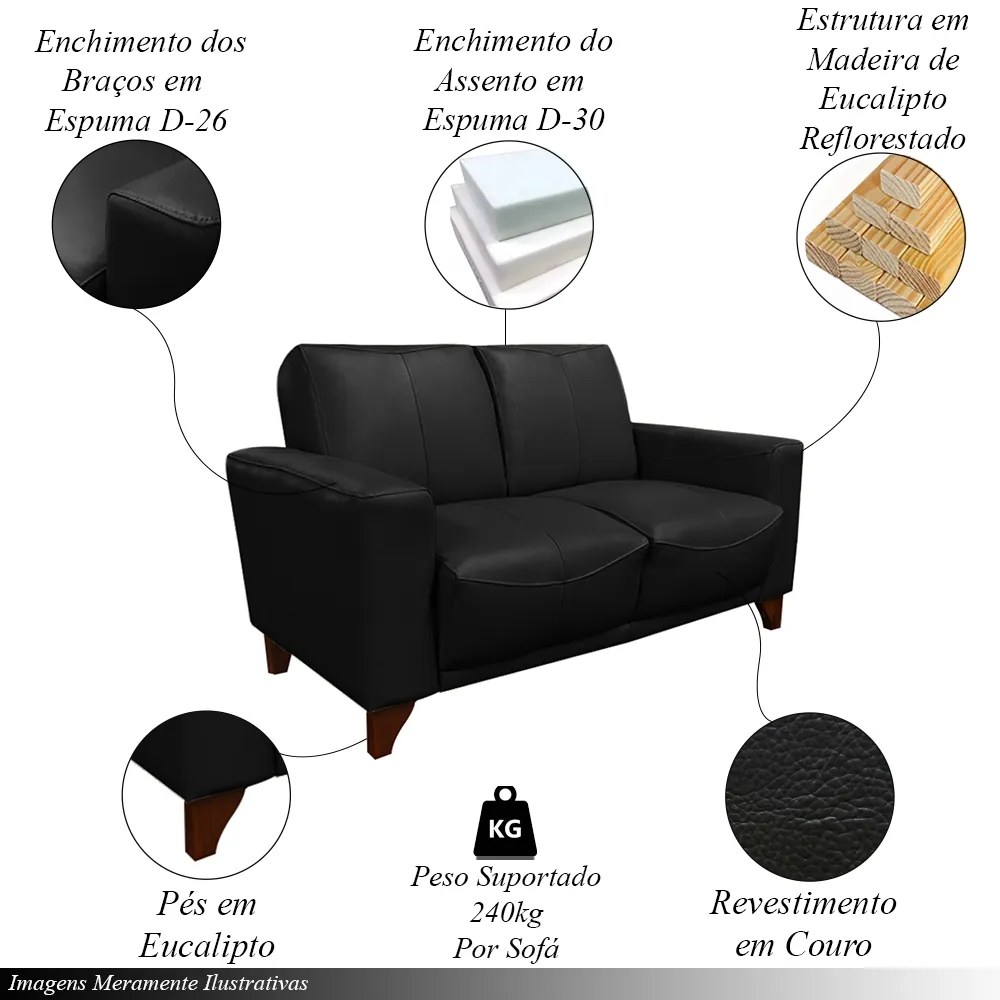 Conjunto de Sofás Decorativos 2 e 3 Lugares Emily Sala de Estar Pés em Eucalipto Couro Preto G40 - Gran Belo