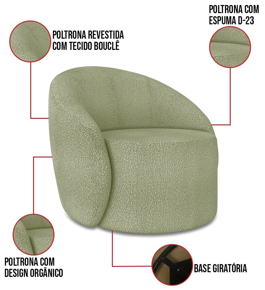 Poltrona Decorativa Orgânica Giratória Lua Bouclê Verde Pistache D03 - D'Rossi