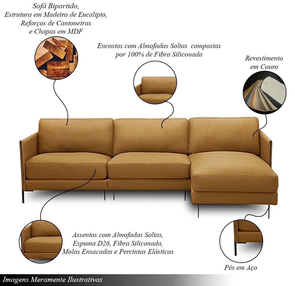 Sofá Decorativo Karine 5 Lugares Sala de estar 330cm com Chaise Pés em Aço Couro Caramelo G88 - Gran Belo