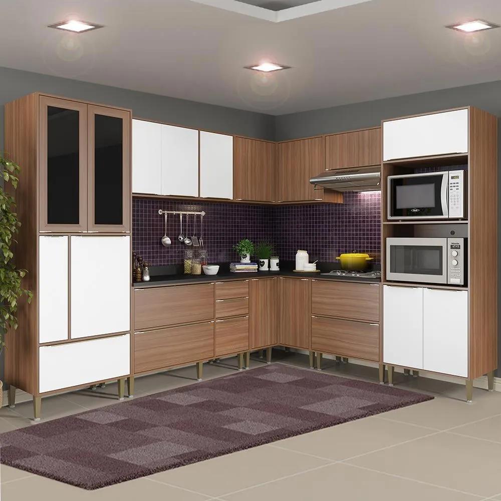 Cozinha Compacta 19 Portas Com Tampo e Pés 5461 Nogueira/Branco - Multimóveis