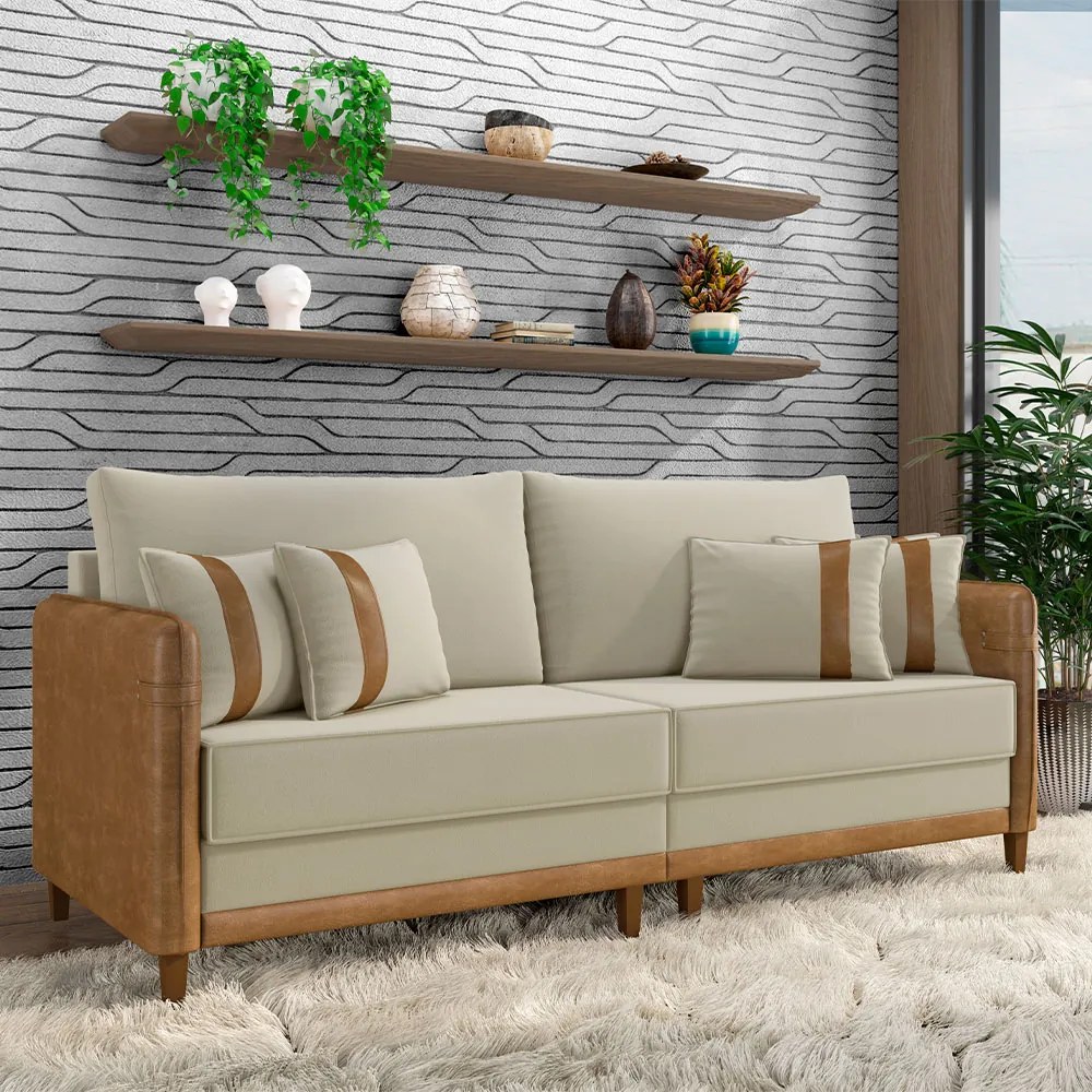 Sofá Living Montecarlo 3 Lugares Bipartido 252cm Pés em Madeira Veludo/PU Bege/Caramelo G33 - Gran Belo