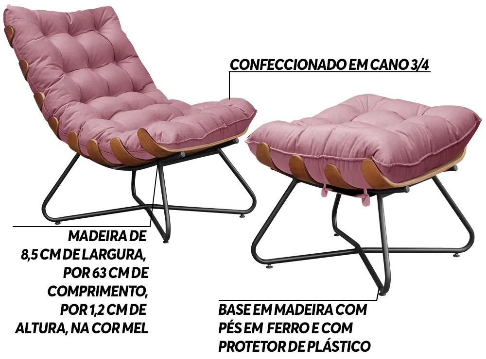 Conjunto Decorativo Poltrona e Puff Caim Base de Madeira Preto Suede Rosa G41 - Gran Belo