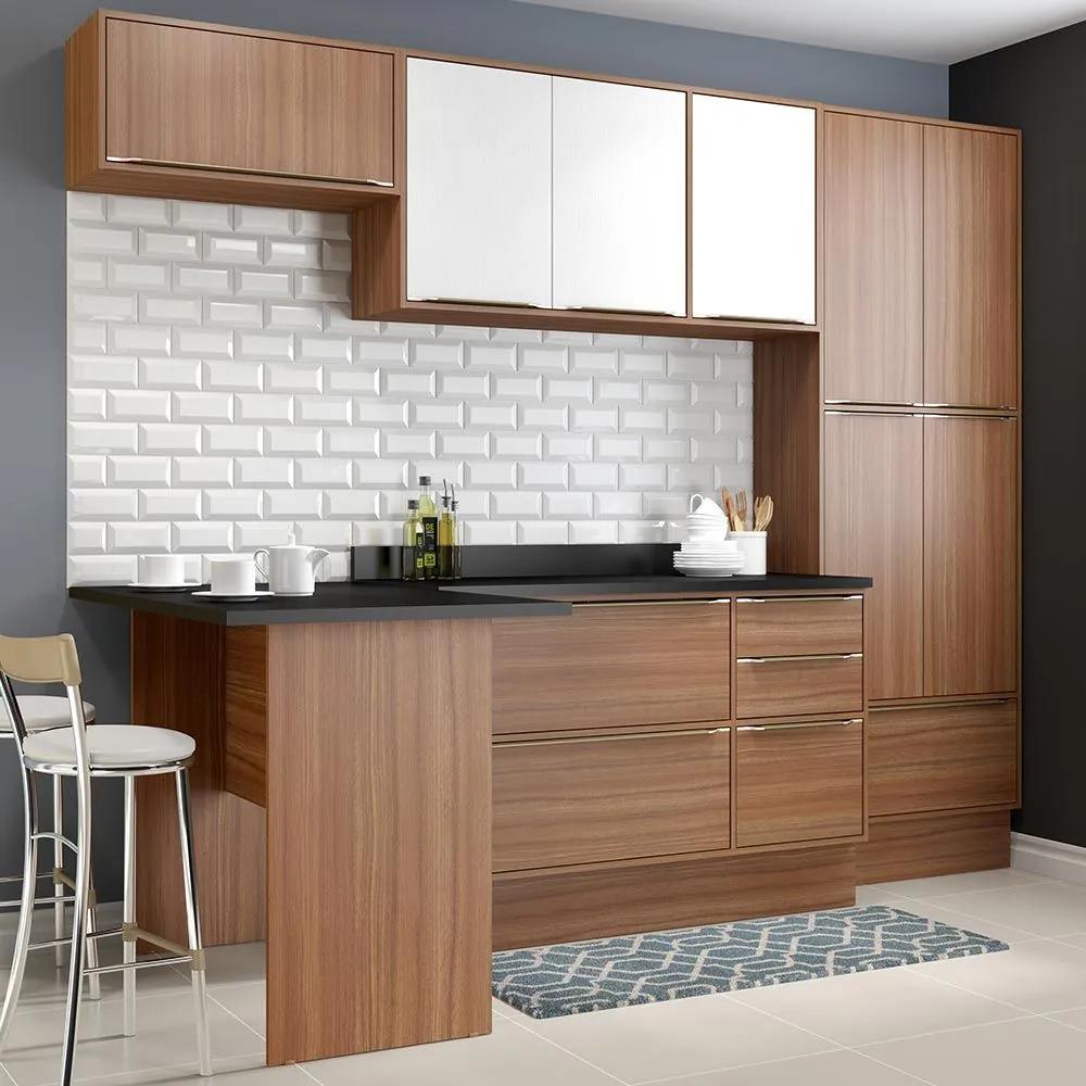 Cozinha Compacta 11 Portas C/ Tampo e Rodapé 5454r Nogueira/Branco - Multimóveis