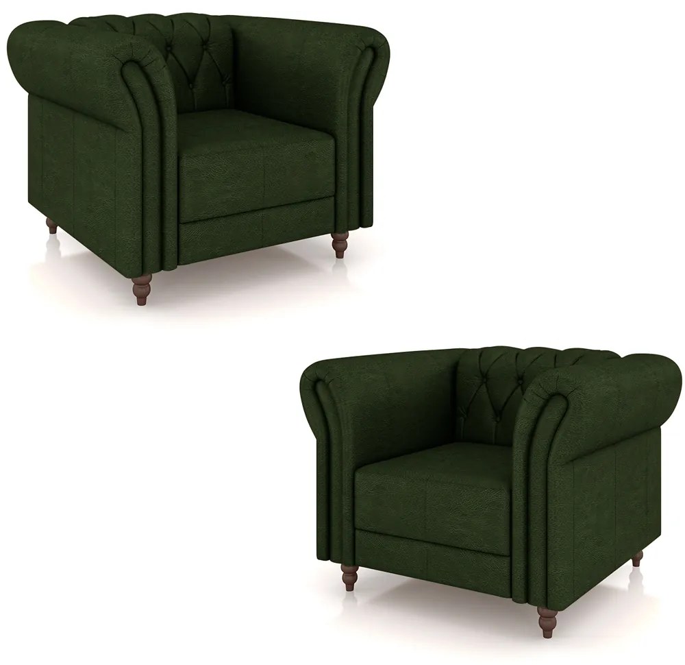 Kit 2 Poltronas Decorativas Sala de Estar Stanford Chesterfield Pés de Madeira Couro Verde Manchado G58 - Gran Belo