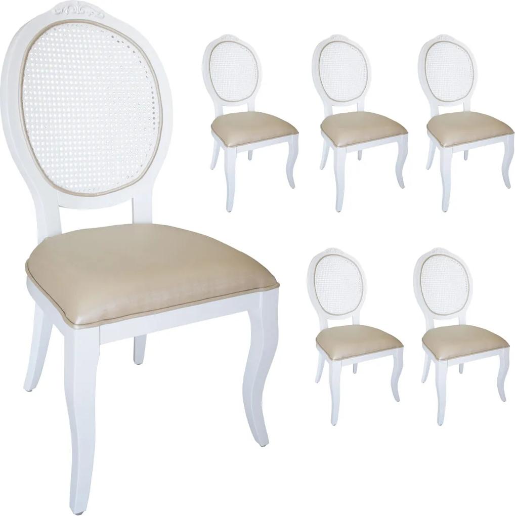 Jogo 6 Cadeiras Medalhão Lille - Branco - Tecido Facto Pérola / Palha Branca Provençal Kleiner Schein