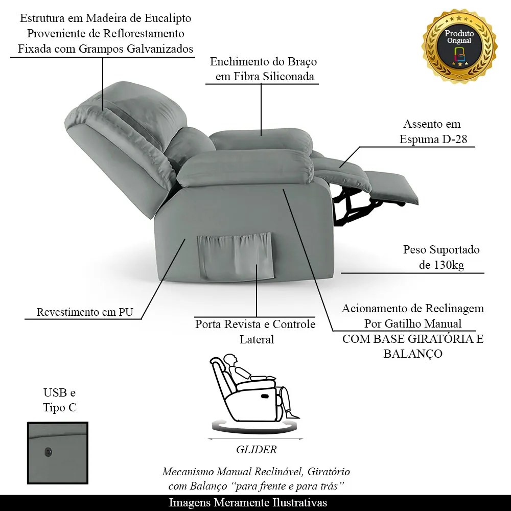 Poltrona do Papai Reclinável Melim Glider Giratória USB Sintético PU F FH1 - D'Rossi - Cinza