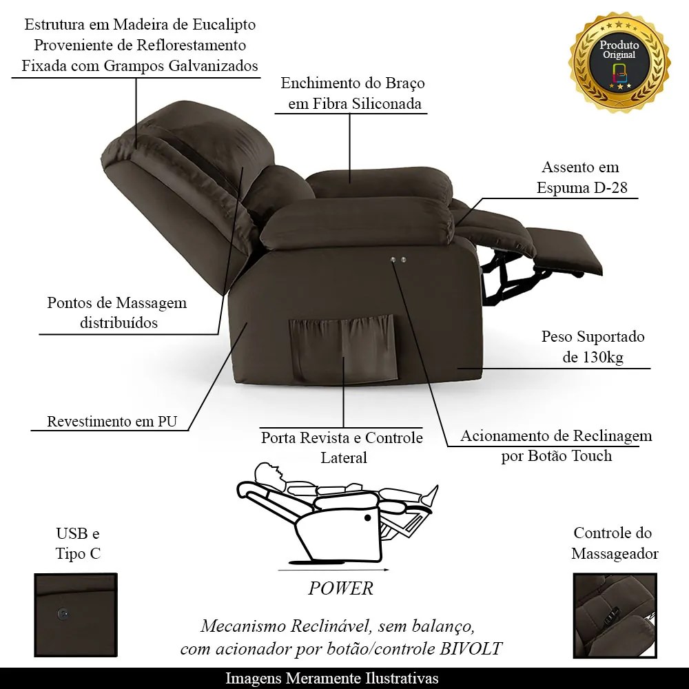 Poltrona do Papai Reclinável Melim Power Touch Massagem PU Marrom FH1 - D'Rossi