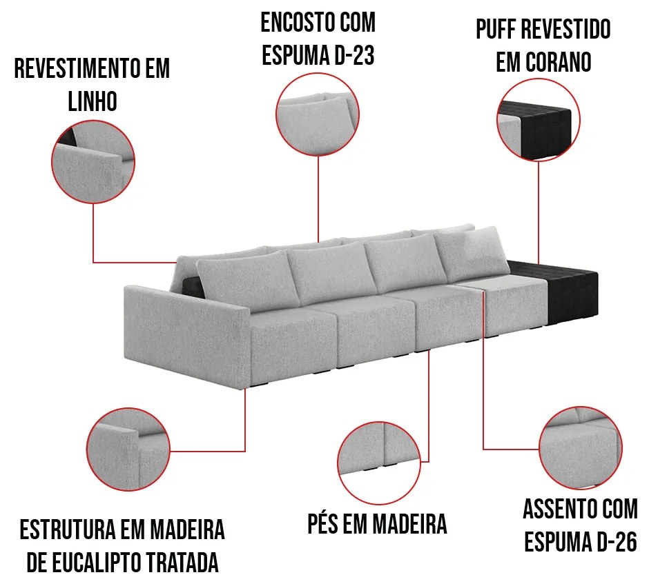 Sofá Ilha 4 Lugares Living 392cm Modulado para Sala Lary Linho Cinza/PU Pto K01 - D'Rossi