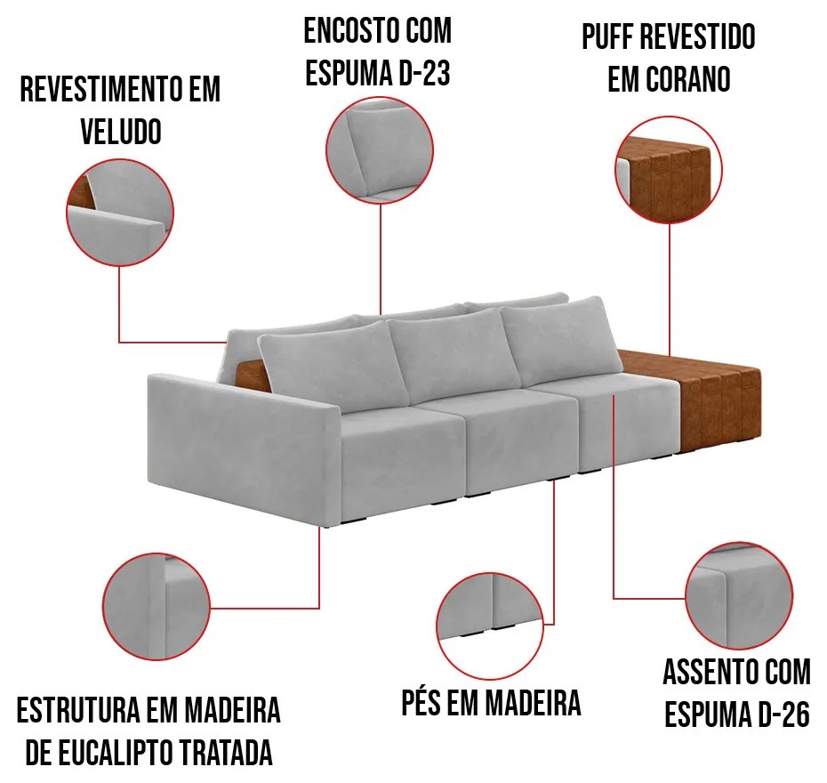 Sofá Ilha 3 Lugares Living 312cm Modulado para Sala Lary Veludo Cinza K01 - D'Rossi