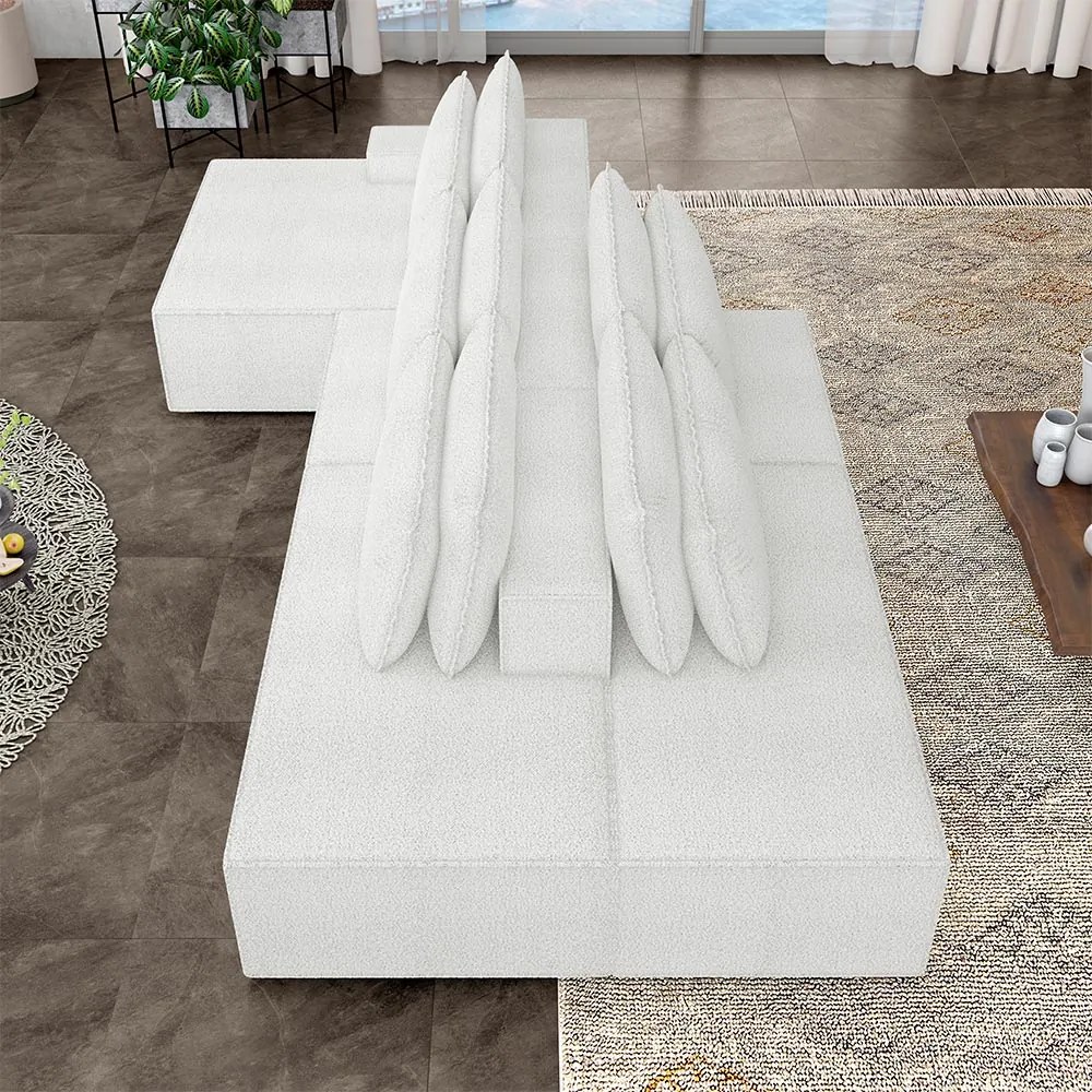 Sofá Ilha com Encosto e Almofadas Delta 395cm Modulado Chaise e Puffs Bouclê Off white G52 - Gran Belo