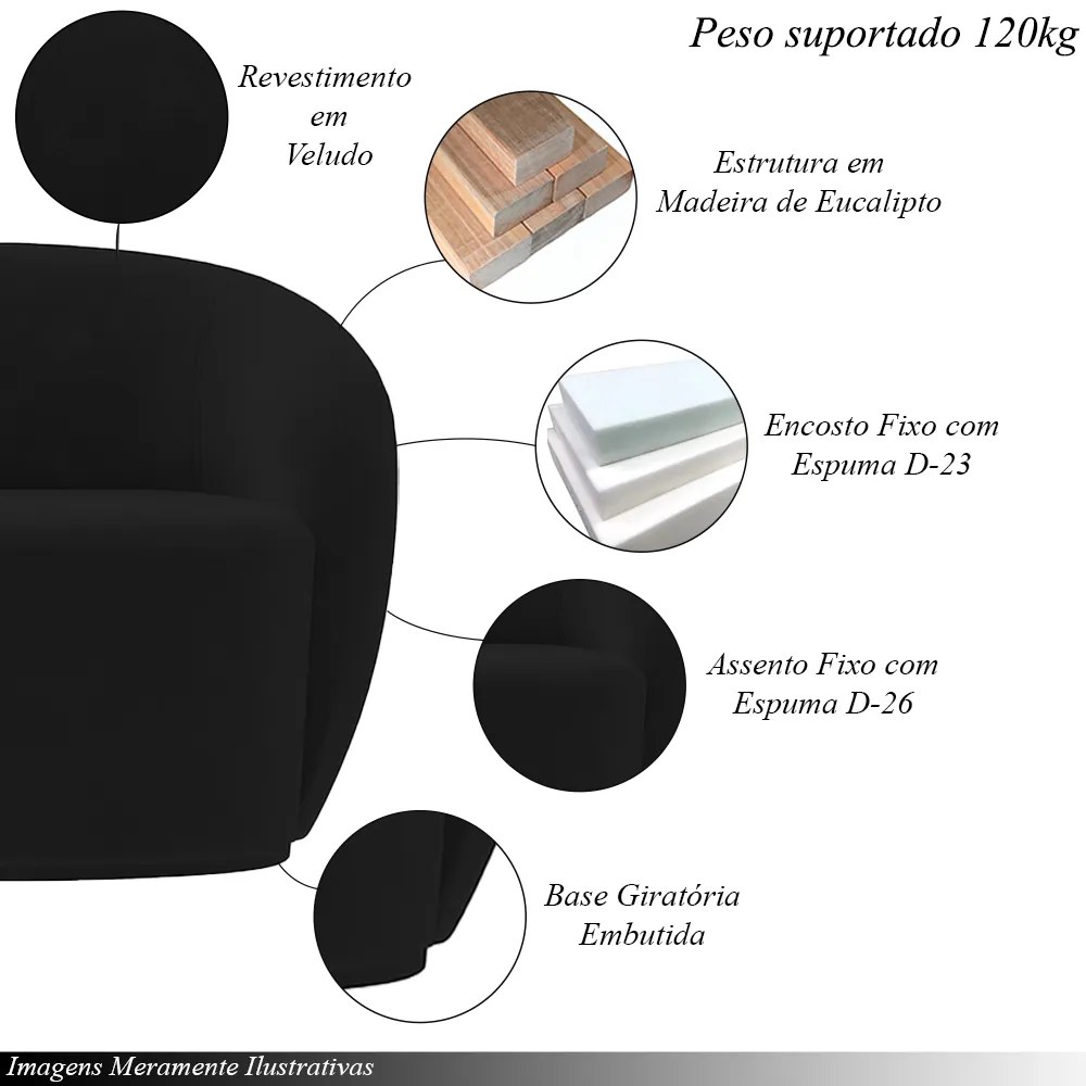 Conjunto 1 Sofá Living 180cm e 1 Poltrona Decorativa Sala de Estar Íbis Encosto Fixo Veludo Preto G33 - Gran Belo