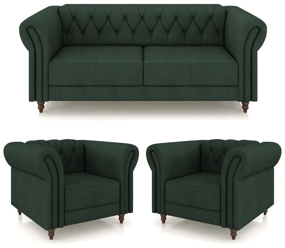 Conjunto Sala de Estar 1 Sofá Living 200cm e 2 Poltronas Stanford Chesterfield Pés Madeira Couro Verde G58 - Gran Belo