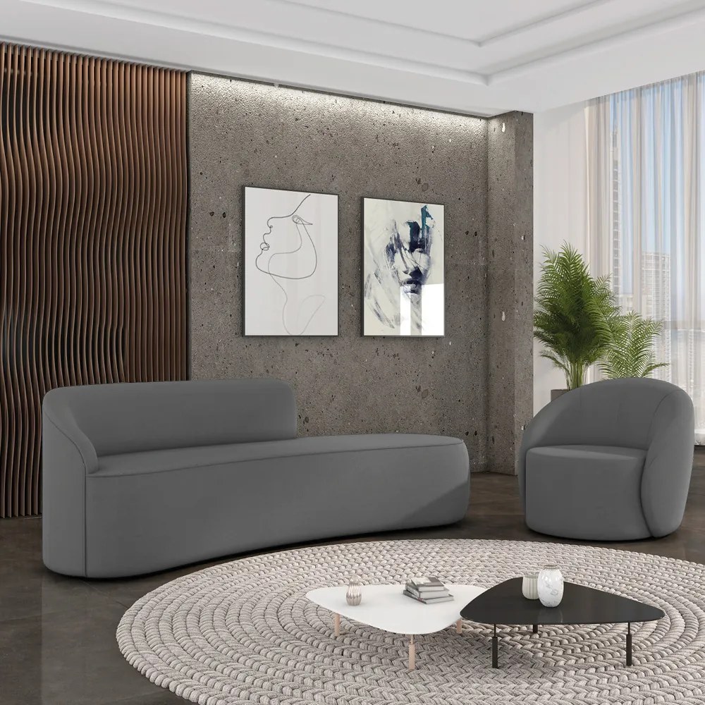 Sofá 4 Lugares Orgânico 220cm Morgan e Poltrona Lua Suede Grafite D03 - D'Rossi