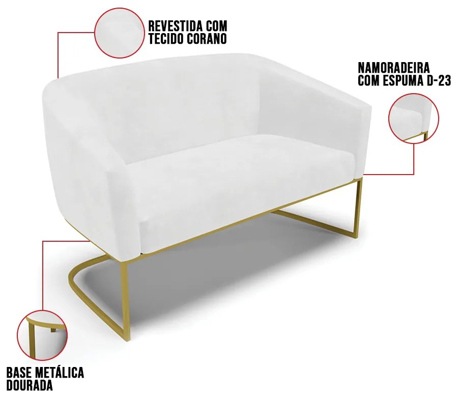 Sofá 2 Lugares Namoradeira Industrial Dourado Stella Sintético PU D03 - D'Rossi - Branco