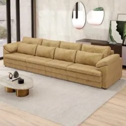 Sofá Retrátil 4 Lugares Para Sala 379cm Dijon Couro Bege S07 - Mpozena
