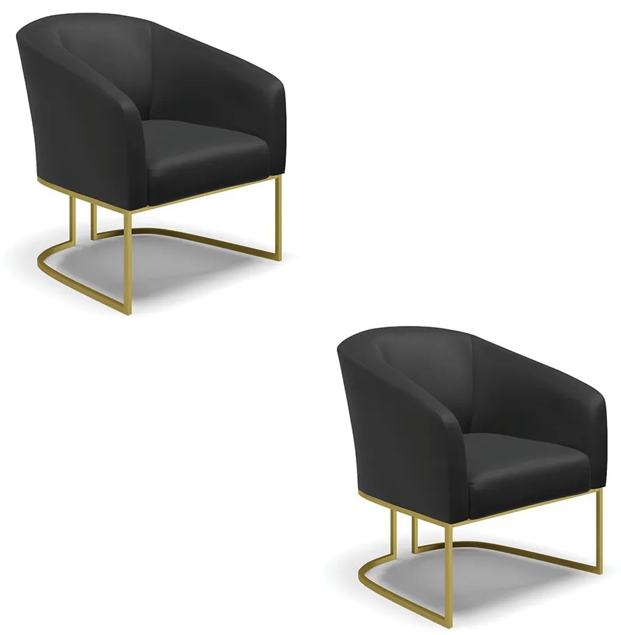 Poltrona Decorativa Industrial Dourado kit 2 Stella Sintético Preto D03 - D'Rossi