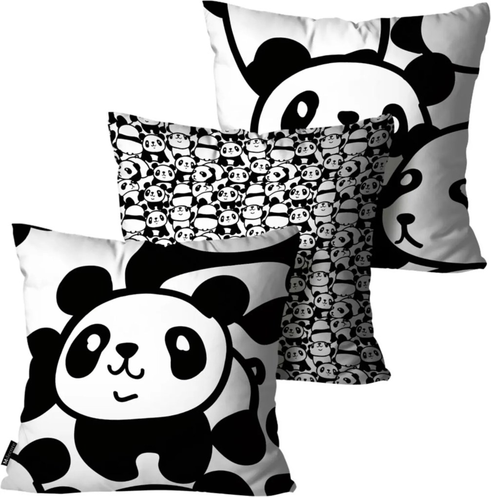 Kit com 3 Almofadas Mdecore Infantil Panda Preto e Branco 55x55cm