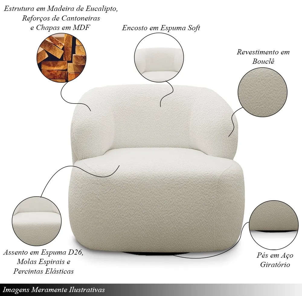 Kit 2 Poltronas Decorativas Charlote Sala de Estar Base Giratória em Aço Bouclê Off White G88 - Gran Belo