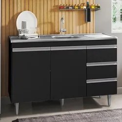 Balcão Gabinete com Pia Inox 120cm 2 Portas 3 Gavetas Andréia Preto To