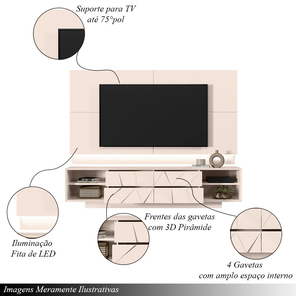 Painel Decorativo com Bancada 4 Gavetas para TV até 75 pol 240cm Iluminação Fita LED Off White Devlin G18 - Gran Belo