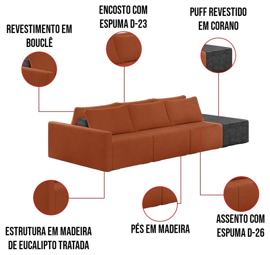 Sofá Ilha 3 Lugares Living 312cm Modulado Sala Lary Bouclê/PU Pto K01 - D'Rossi - Mostarda